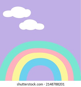 pastel rainbow on rainy clouds on purple background 