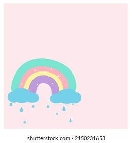 pastel rainbow on rainy clouds on pink background.