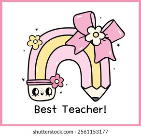 Pastel Rainbow Pencil with bow Coquette Teacher Appreciation School Doodle Hand Drawn