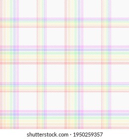 Pastel rainbow plaid. Seamless vector check pattern in muted brights. Suitable for fashion and home decor.
