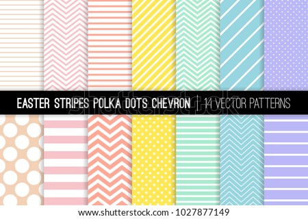 Pastel Rainbow Polka Dot, Chevron and Stripes Vector Patterns. Easter Backgrounds in Pink, Blue, Yellow, Turquoise, Coral and Lavender Purple. Minimal Design. Repeating Pattern Tile Swatches Included.