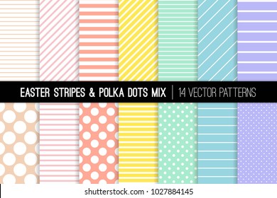 Pastel Rainbow Polka Dot und Streifen Vektormuster. Osterhintergründe in Rosa, Blau, Gelb, Türkis, Korallen und Lilac. Modernes Minimaldesign. Wiederholen von Musterkollektoren inbegriffen.
