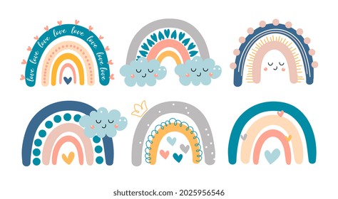 Pastel rainbow set. Beautiful stickers with arcs, kawaii emotions, hearts, clouds and inscriptions. Icons for posters, postcards and wall decoration in children room. Cartoon flat vector collection