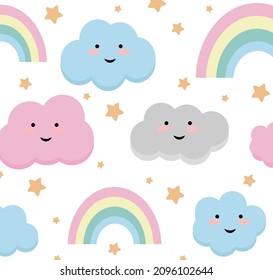 Conjunto de arcoíris pastel con nube, ilustración para pegatina,postal,invitación de cumpleaños.Elemento editable.Vector.