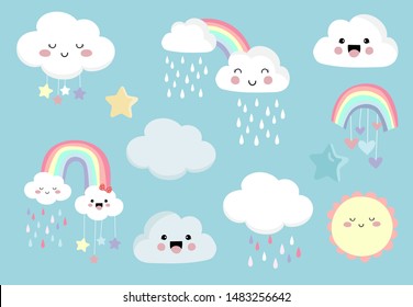 Pastel rainbow set with cloud,sun,star,heart illustration for sticker,postcard,birthday invitation.Editable element