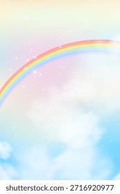 Pastel arco-íris céu com estrelas cintilantes, dançarino de nuvem macia, Vetor cartoon para design de Páscoa, Chá de bebê, Fundo sonhador, Conto de fadas, Cartão de felicitações, Ilustrações de crianças mágicas