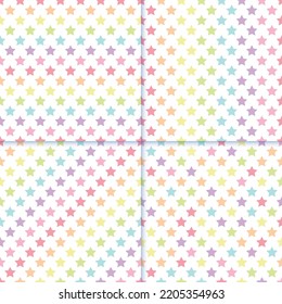 pastel rainbow star seamless pattern in striped, diagonal and random arrangement, vector illustration