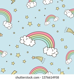 Pastel rainbow and stars seamless pattern on blue background. 
