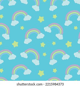 Pastel Rainbow And Stars Seamless Pattern On Blue Background 