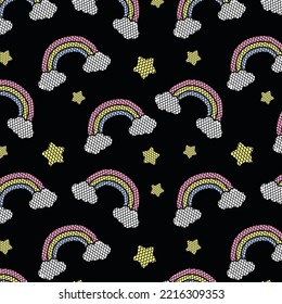 Pastel Rainbow And Stars Seamless Pattern On Black Background 