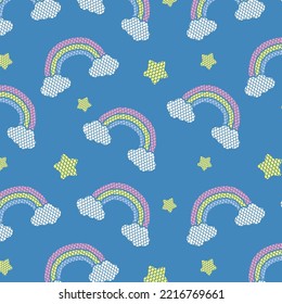 Pastel Rainbow And Stars Seamless Pattern On Blue Background