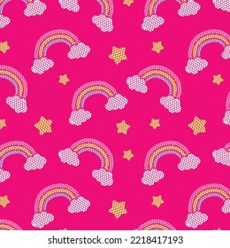 Pastel Rainbow And Stars Seamless Pattern On Pink Background