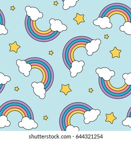 Pastel Rainbow And Stars Seamless Pattern On Blue Background With Black Outline