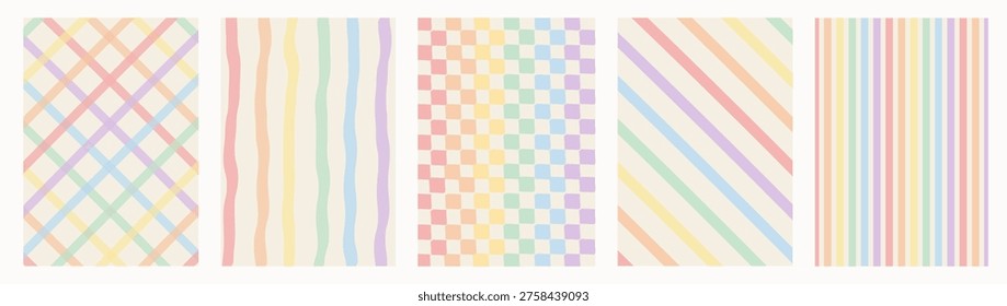 Pastel rainbow stripe and checkerboard pattern collection. Set of retro hand-drawn backgrounds. Vertical, diagonal, and plaid designs. Cute aesthetic bundle for pride and decor. Vector illustration.