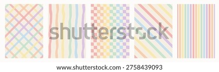 Pastel rainbow stripe and checkerboard pattern collection. Set of retro hand-drawn backgrounds. Vertical, diagonal, and plaid designs. Cute aesthetic bundle for pride and decor. Vector illustration.