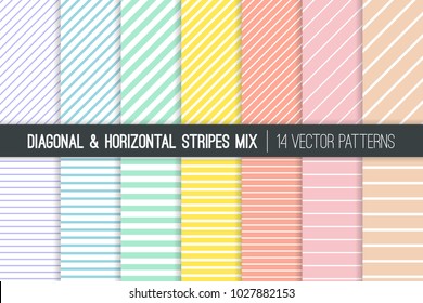 Pastel Rainbow Stripes Vector Patterns. Easter Backgrounds in Pink, Blue, Yellow, Turquoise, Coral and Lilac. Diagonal and Horizontal Lines. Minimal Design. Repeating Pattern Tile Swatches Included.