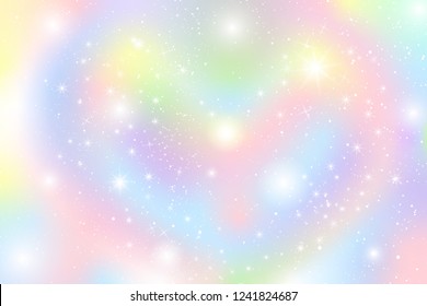 Pastel rainbow theme holographic circle bokeh cloud illustration. Colorful glow star on sky with falling snow abstract for christmas new year celebration vector.