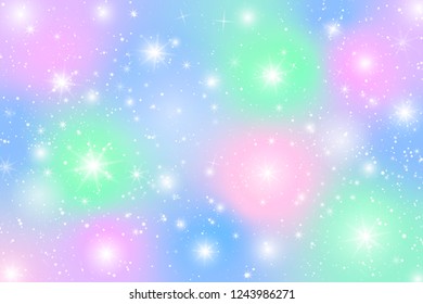 Pastel rainbow theme holographic circle bokeh cloud illustration. Colorful glow star on sky with falling snow abstract for christmas new year celebration vector