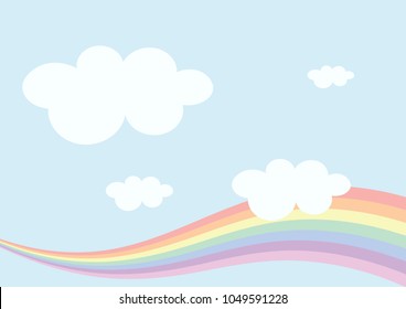Pastel rainbow wave and cloud on blue sky background