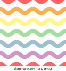 Pastel rainbow wavy stripe seamless pattern on white background. Great for wallpaper, web background, wrapping paper, fabric, packaging, greeting cards, invitations and more.