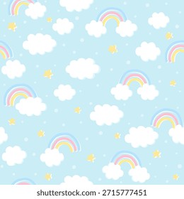 Pastel Rainbows and Clouds Seamless Pattern on Baby Blue