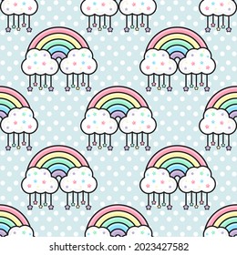 Pastel rainbows pattern background. Colorful Cute rainbows, stars, clouds pattern background. Seamless Vector illustration. Wrapping paper. Polka dots background.