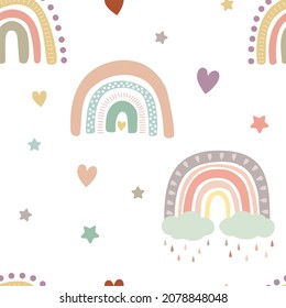 Pastel rainbows pattern with coluds, rain, hearts, stars. Isolated on white background. Baby boho background. Nursery wall art baby textile printable paper.