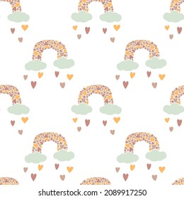 Pastel rainbows pattern with hearts. Isolated on white background. Nursery wall art, baby textile printable paper. Kids texture for fabric, wrapping, wallpaper, apparel.