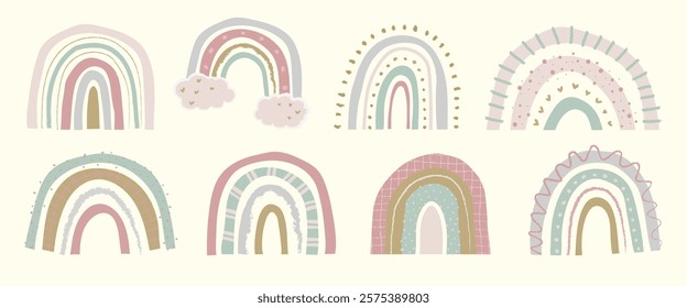 Pastel rainbows in various designs. Soft pastel colors create whimsical rainbow patterns. Each rainbow features unique pastel elements, enhancing the pastel theme. Cute element vector set.