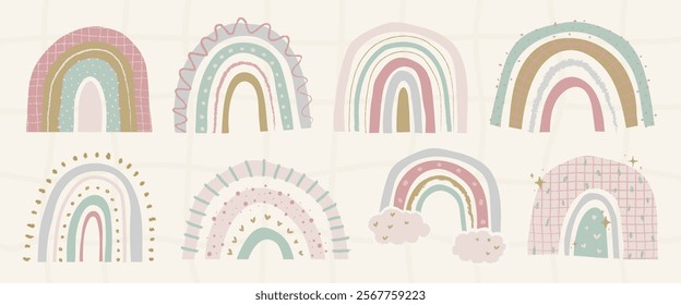 Pastel rainbows in various styles. Soft colors, whimsical designs. Rainbows with clouds, stars, and patterns. Charming pastel rainbow collection. Cute element vector set.