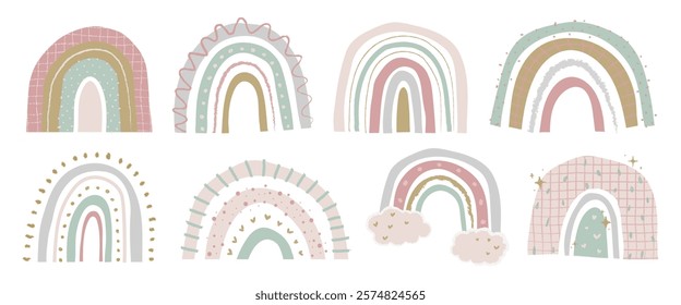 Pastel rainbows in various styles. Soft pastel colors create whimsical rainbows. Each rainbow features unique pastel patterns. Cute pastel rainbow designs. Cute element vector set.