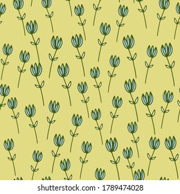 Pastel random seamless pattern with outline blue flower figures. Pastel yellow background. Decorative backdrop for wallpaper, wrapping paper, textile print, fabric. Vector illustration.