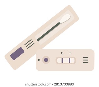 pastel rapid swab test kit with a sterile cotton swab and positive two-line test cassette, isolated on a white background.