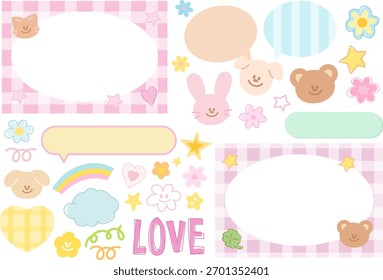 Conjunto de marco rectángulo pastel con conejo, gato, oso de peluche, perro para animal print, decoración, foto polaroid, Plantilla de anuncios, redes sociales, póster, diseño de portada de libro, bloc de notas, nota adhesiva, memo, Anuncios lindos