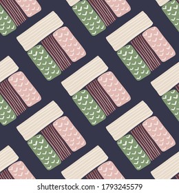 Pastel rectangle silhouettes seamless pattern. Navy blue background. White, pink, green and dark maroon geometry figures. For wallpaper, textile, wrapping paper, fabric print. Vector illustration.