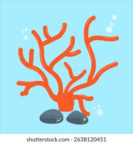 Pastel red coral like deer antlers,
with sea anemones in reef depths,
flat art design style.