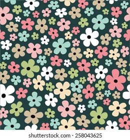 Pastel red green blue cute flowers seamless background