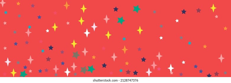 Pastel Red Indigo Vivid Turquoise Green Orange Illustration. Bright Stars Vibrant Yellow Pink White Multicolor Stars Ornament. Lavender Violet Azure Colorful Print Sea Chaotic Blue Sky Background.