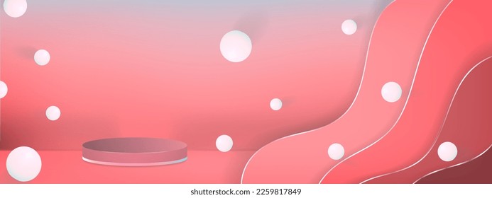 Pastel Red scene with 3d realistic podium. 3d bubble spheres, paper cut origami frames. Pink presentation display. Vector Illustration. EPS 10.
