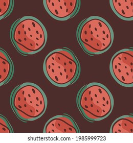 Pastel red watermelom half ornament seamless pattern. Brown background. Natural food ornament. Flat vector print for textile, fabric, giftwrap, wallpapers. Endless illustration.