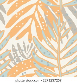 Pastel Repeated Nature Trendy Beach Fabrics Texture. Beige Camouflage Botanical Vintage Palm Ornament Art. Khaki Seamless Fashion Monstera Shape Vector.