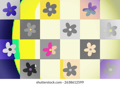 Pastel retro checkerboard pattern with simple flower motifs and soft gradient background. Seamless abstract design perfect for textiles, wallpapers, packaging, kids’ products, and digital backgrounds.