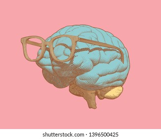 Pastel Retro Pop Art Engraving Human Brain With Eye Glasses Illustration In Side View Isolated On Pastel Pink Background