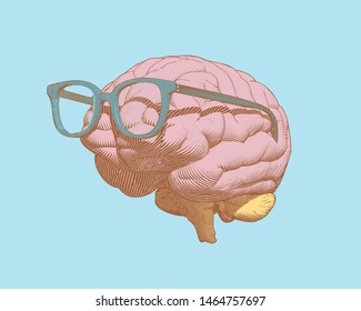 Pastel retro pop art engraving human brain with eye glasses illustration in side view isolated on pastel blue background