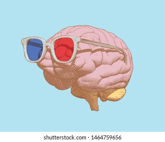 Pastel retro pop art engraving human brain with 3D glasses illustration in side view isolated on pastel blue background