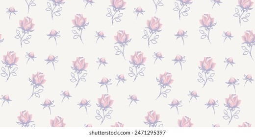 Pastel retro seamless pattern with abstract tiny rosebuds, small rose, little buds. Cute ditsy flowers printing scattered randomly on a light background. Vector hand drawing sketch. Ornament repeated