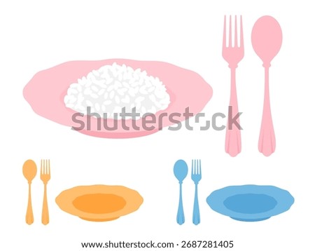 Pastel rice plate with fork and spoon set, pink, yellow and blue tableware clipart for menus, recipe cards, kitchen labels, cafe branding and printable food graphics.