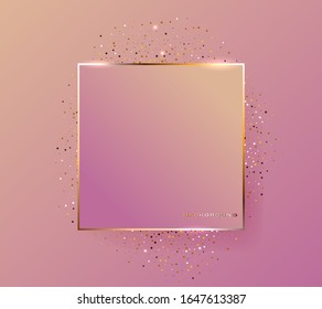 Pastel rose colors brush strokes and gold contour square frame. Abstract background.