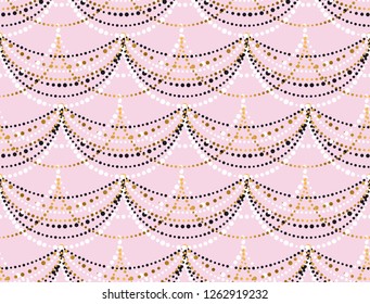 Pastel rose minimal dots garland seamless pattern. Festive, wedding, celebration repeatable motif. Simple minimal holiday motif for fabric, wrapping paper. lights on pink color background. 