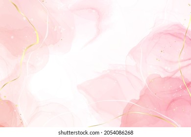 Pastel Rose Pink Liquid Watercolor Background With Golden Cracks. Blush Marble Alcohol Ink Drawing Effect. Vector Illustration Design Template For Wedding Invitation, Menu, Rsvp.